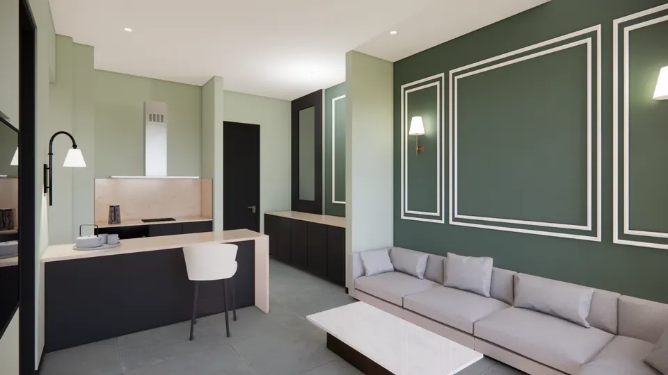 Rendered living area with a kitchenette counter and stool, a grey sofa and a green wall with white moulded panels