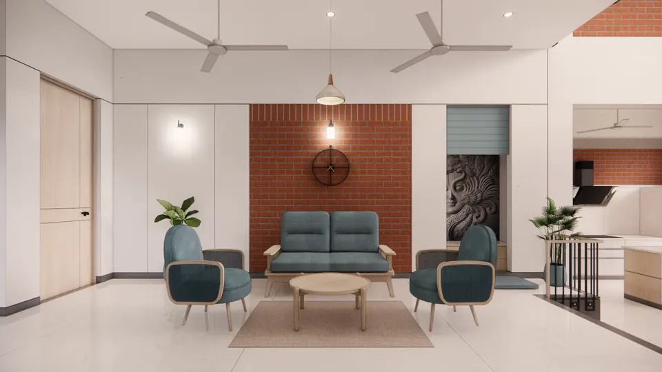 Rendered lounge with a teal sofa and armchairs set against an exposed-brick feature wall