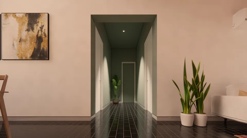 Rendered sage-green corridor seen through a deep doorway, potted plants and an abstract print in the room