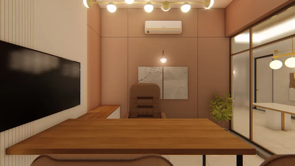 Rendered meeting room with a timber table, a large wall screen, tan panels and a frosted glass partition