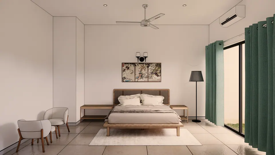 Rendered bedroom: a timber bed with a floral print above, two white armchairs and green curtains at a glass door