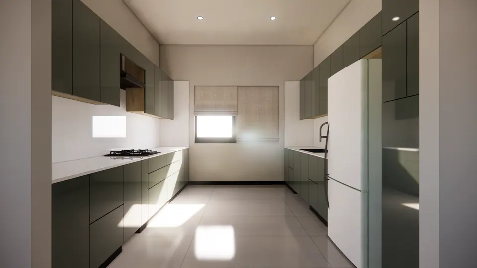 Rendered kitchen: sage-green cabinets with white worktops on both sides, a hob, a white refrigerator and a window with roman blinds