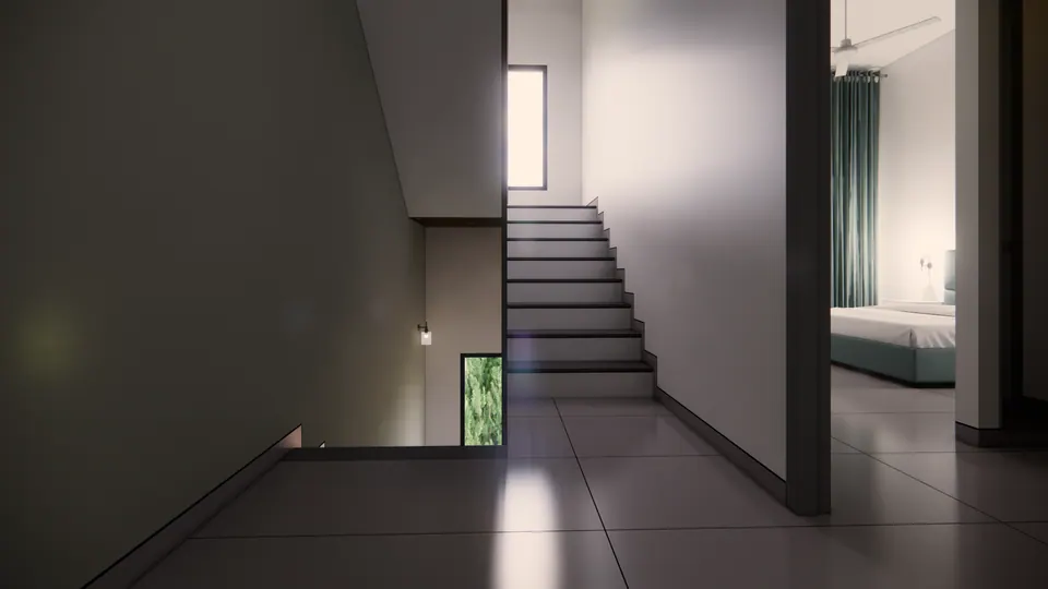 Rendered stair hall with a straight flight rising past a window, a bedroom visible through the doorway