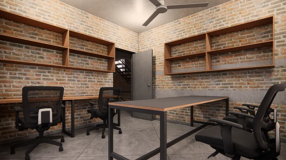 Rendered study with open timber shelves on brick walls, a worktable and office chairs