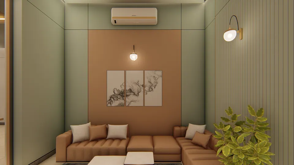 Rendered lounge corner with a tan sectional sofa, sage panelling, a wall lamp and an abstract triptych