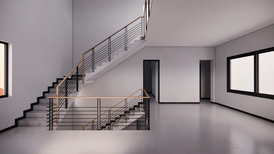 Rendered upper landing: the stair with black balusters and a timber handrail between white walls and windows