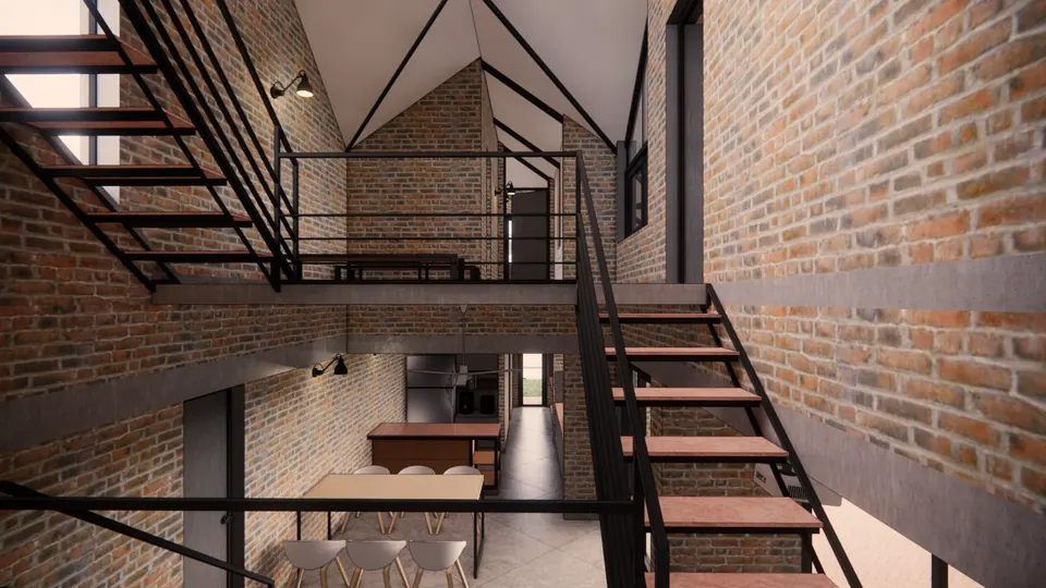 Rendered view from the steel stair down to the dining table and kitchen under a pitched brick gable