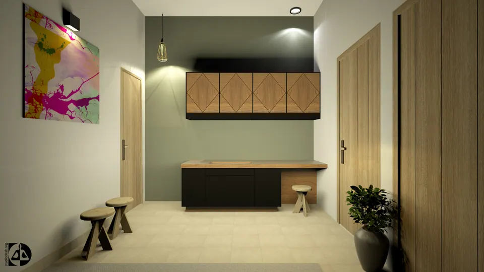 Rendered lounge with a sage wall, a timber and black counter under diamond-pattern cabinets and a large abstract painting