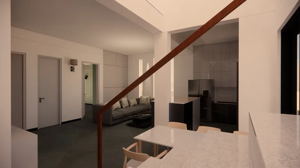 Rendered open-plan floor: a dining table by the stair's timber handrail, a sofa and a kitchen with dark tall units