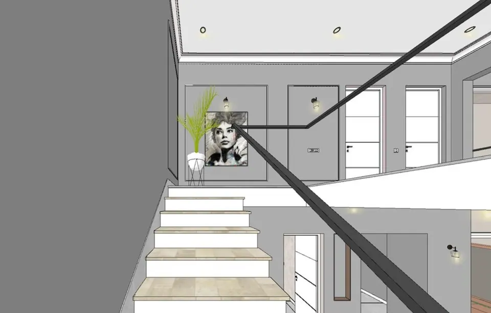 Untextured model view up the stair to the landing, with a portrait artwork and a potted plant on the grey wall