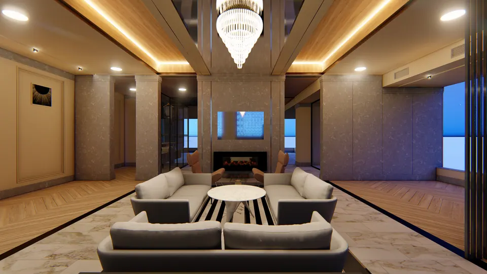 Rendered lounge with sofas around a round marble table, a fireplace, a crystal chandelier and a timber ceiling