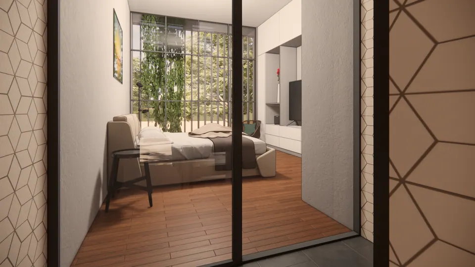 Rendered bedroom seen through a glass sliding door: timber floor, bed, armchair and a tall window with plants