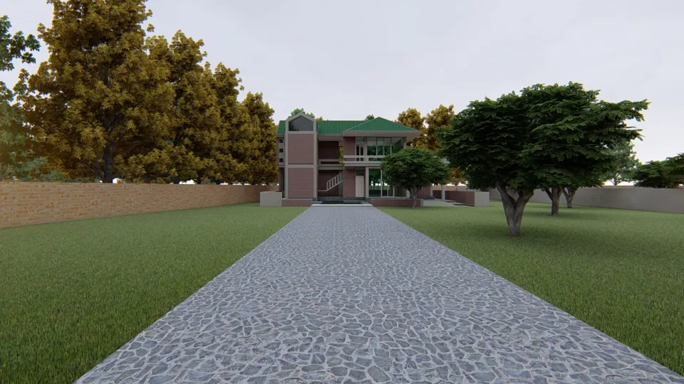 Rendered stone-paved path across a lawn towards a two-storey brick house with a green roof, inside a brick boundary wall
