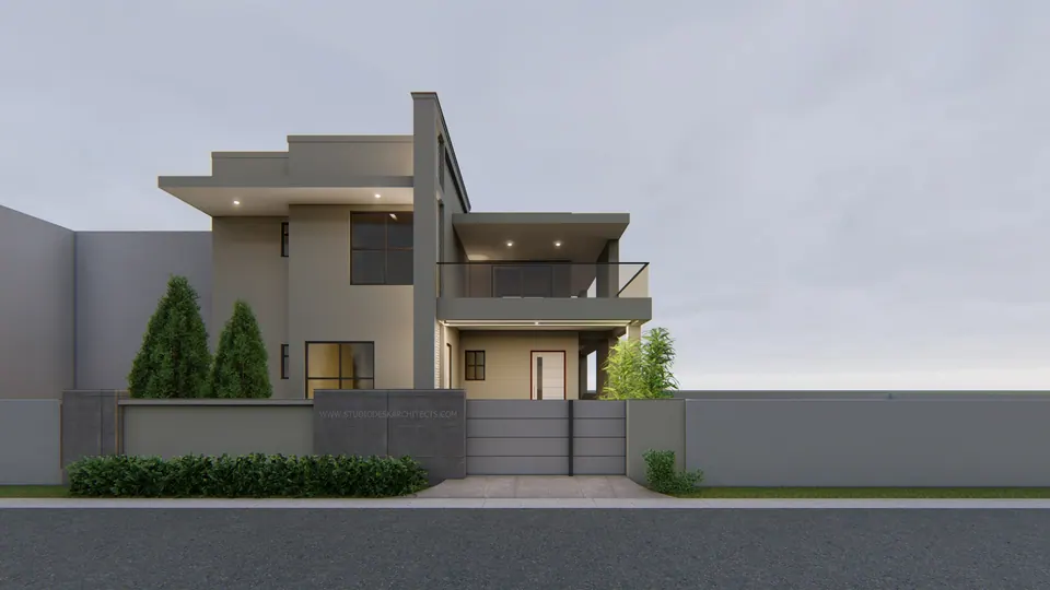 Rendered street front of a two-storey house in warm grey with cantilevered slabs, a railed balcony, a grey gate and cypresses
