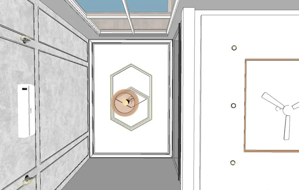 Untextured model view up to a ceiling with a skylight, a hexagonal light fitting and grey panelled walls