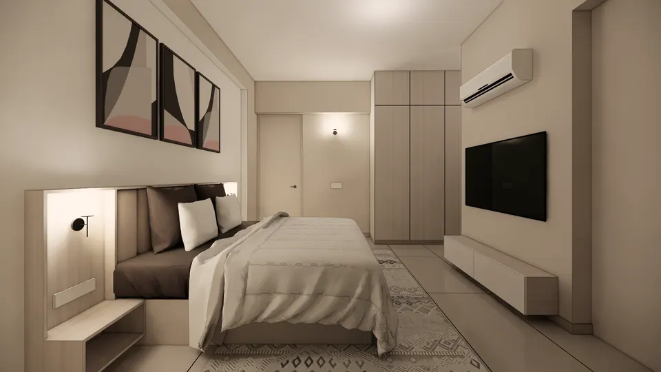 Rendered bedroom from beside the bed: abstract prints, a wall-mounted TV, a tall wardrobe and an AC unit