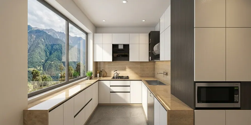 Rendered U-shaped kitchen in white and oak with a long window looking out to forested mountains