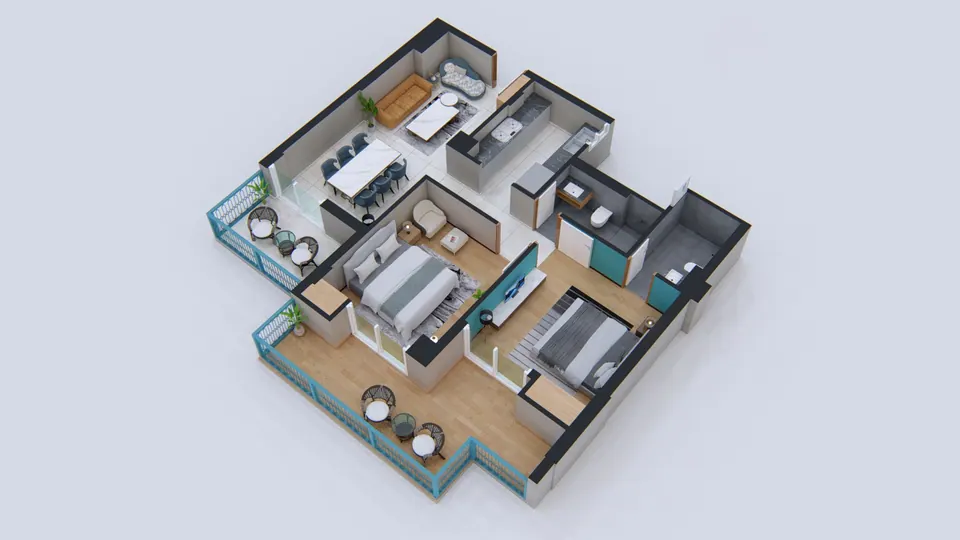 Rendered 3D cutaway of a typical flat showing furnished bedrooms, living and dining, kitchen, bathrooms and balconies