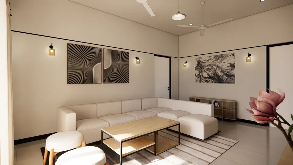 Rendered living room corner: the cream sofa and timber coffee table under a two-panel artwork, with a marbled abstract print on the side wall
