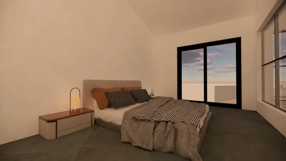 Rendered bedroom with an upholstered bed and checked throw beneath a sloping ceiling, a sliding door to a balcony