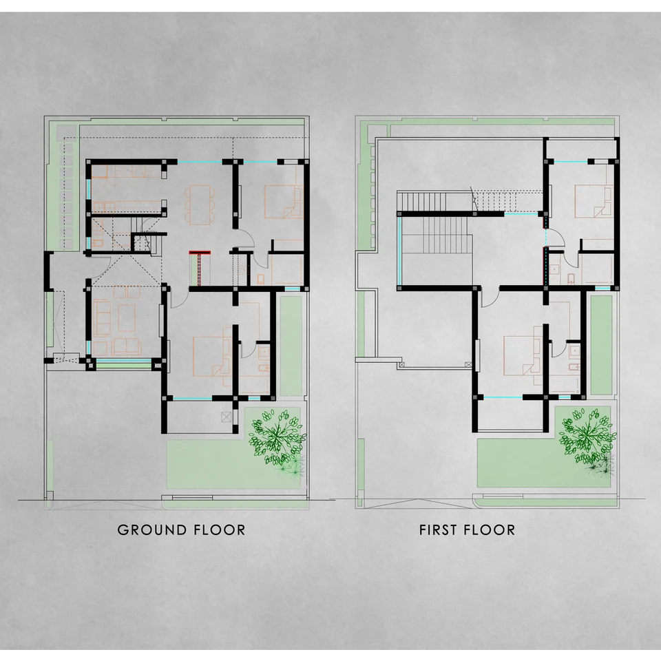 Ground and first floor plans on a grey textured ground: rooms around a central stair, with side and rear gardens