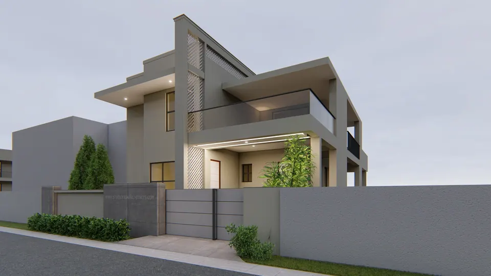 Rendered angled view of the house: a perforated screen panel, a glass-railed balcony and lit soffits above the gate