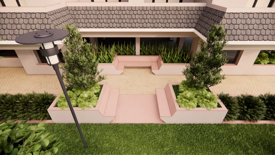 Rendered pair of planters with conifers flanking steps at the base of a block, a lamp post in front