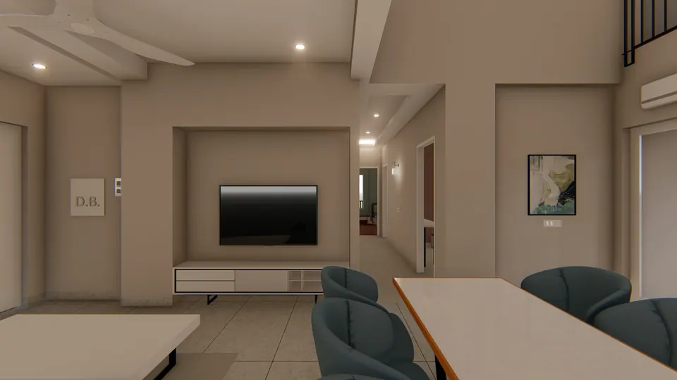 Rendered living and dining area with a TV niche, a white dining table with teal chairs and a corridor beyond