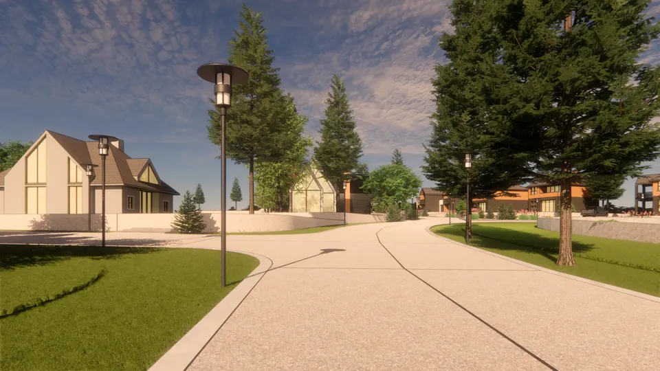Rendered road junction with lamp posts and conifers, white gabled houses on either side