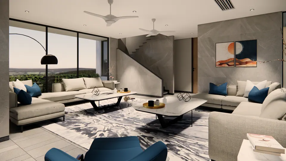 Rendered living room: grey sofas with blue cushions, marble coffee tables, an abstract artwork and the stone-clad stair