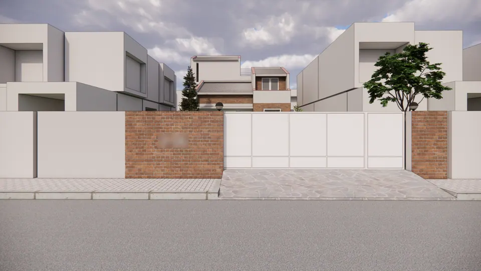 Rendered street front: a brick and white boundary wall with a white sliding gate, the house set far back behind it