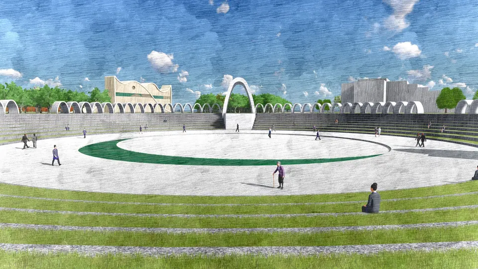 Rendered open-air amphitheatre with grass terraces around a round paved stage and a white arch