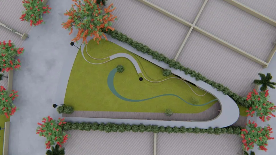 Rendered top view of a triangular park with a curving path, lawn and flowering trees at a road junction