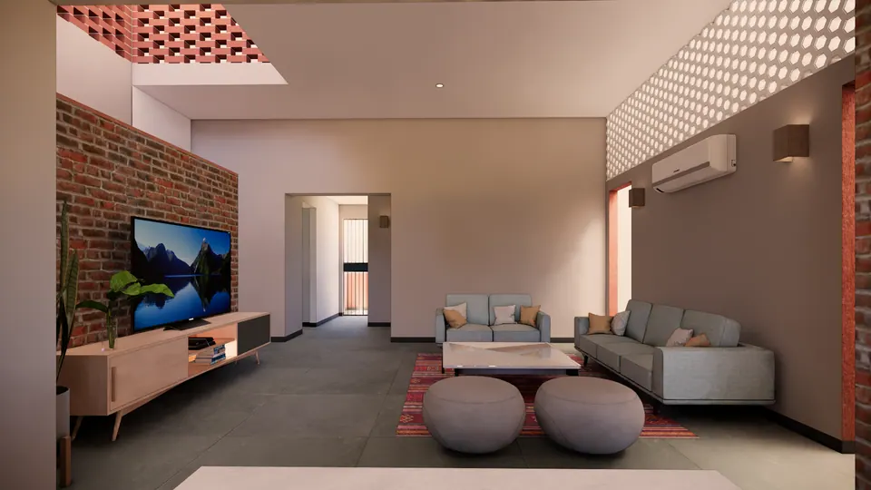 Rendered lounge: a brick TV wall, two grey poufs, sofas around a white table and a corridor beyond