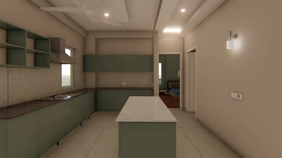 Rendered kitchen with sage-green cabinets, a stone-topped island and open shelving