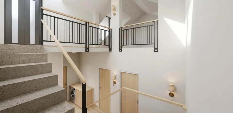 Rendered upper stair landing: speckled stone steps, black railings with a timber handrail, a laundry niche and bedroom doors