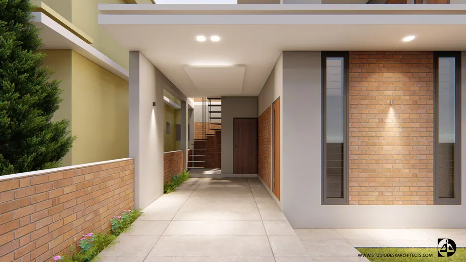 Rendered entrance passage: a brick-clad wall between tall slit windows, a timber door and the stair at the far end