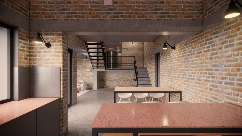 Rendered ground floor with a terrazzo-topped table, a dining table and the steel stair beyond, exposed brick walls