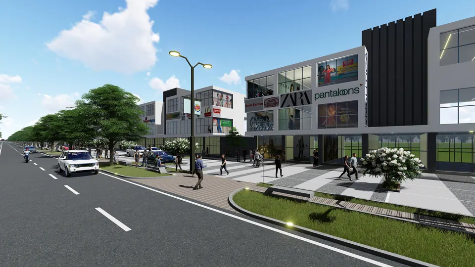 Rendered commercial street with two-storey shopfronts, wide pavements, street lamps and shoppers