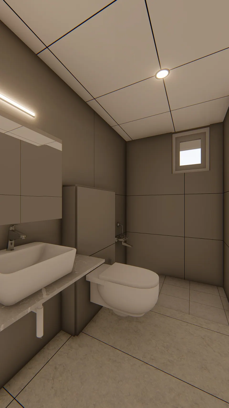Rendered bathroom with a counter basin, a wall-hung WC, grey wall panels and a high window