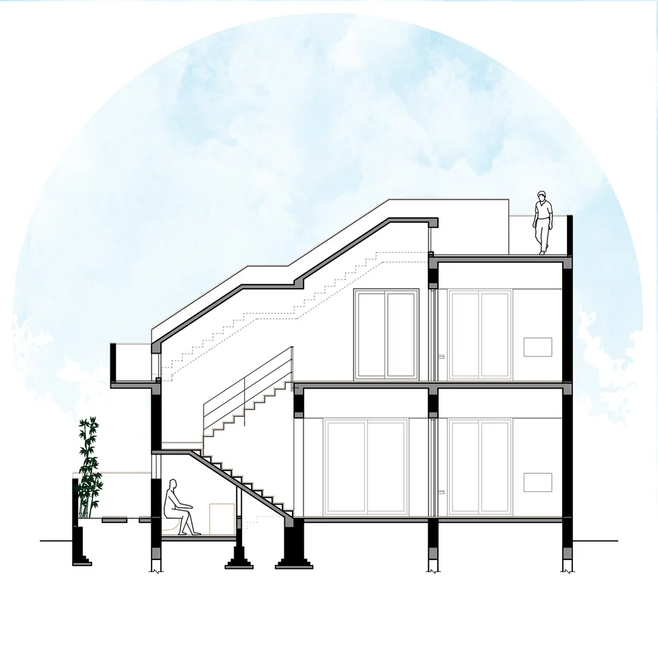 Section through the stair, which climbs through both floors to the roof terrace; human figures give scale