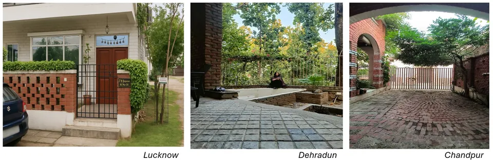Three captioned photographs: a house front with a pierced brick boundary wall in Lucknow, a courtyard with a sunken pool in Dehradun, and a brick arch over a circular brick-paved yard in Chandpur