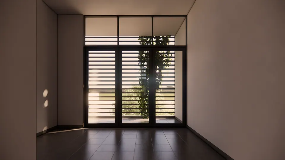 Rendered empty room with tall glazed doors and horizontal louvres, plants outside