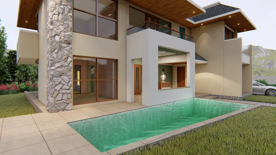Rendered pool terrace: a rectangular pool in a lawn, a stone-clad pier, a glazed living room and a balcony above