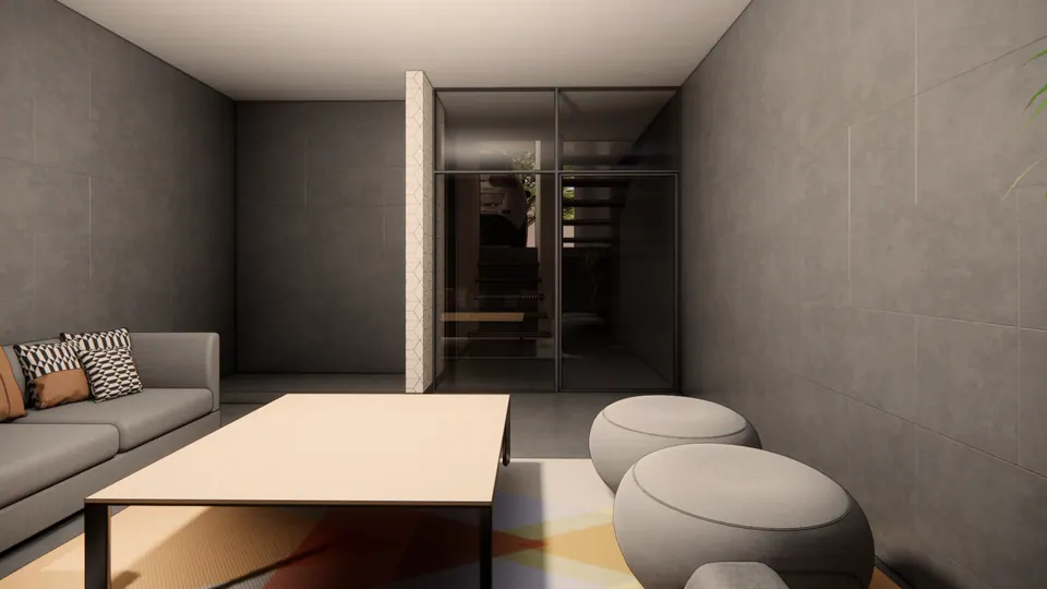 Rendered lounge with a sofa, a low table and poufs, looking towards a glass door and the stair