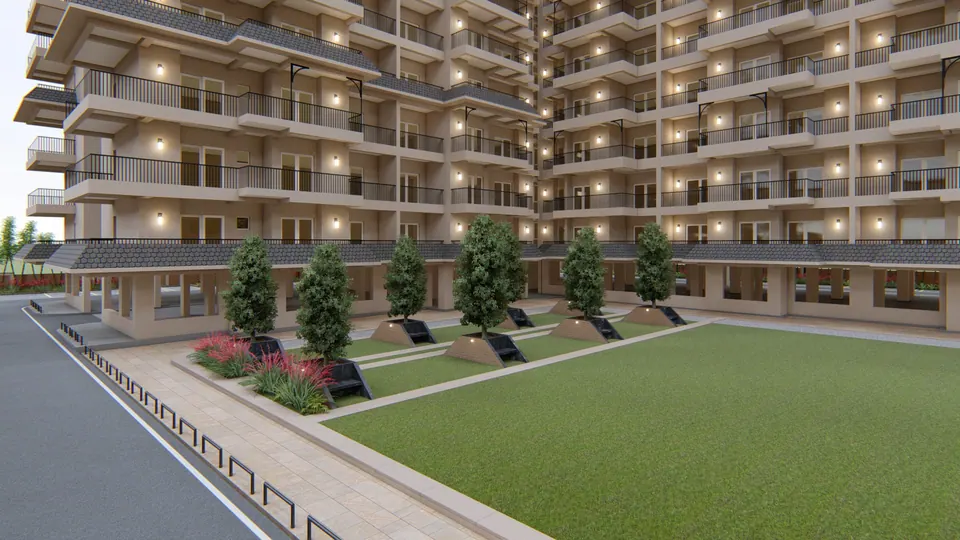Rendered apartment blocks above a stilt parking level, with a lawn, tree planters and a paved edge