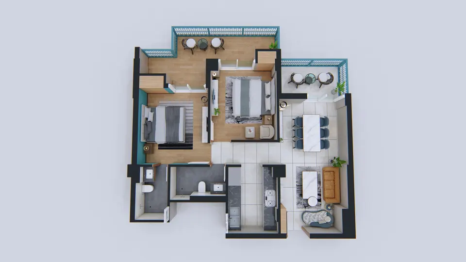 Rendered 3D plan of a typical flat with two bedrooms, living and dining, kitchen, two bathrooms and two balconies