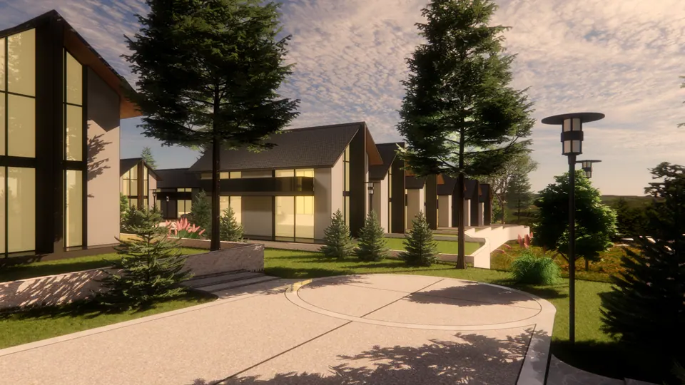 Rendered turning circle in front of a low house with glazed gables, conifers around it