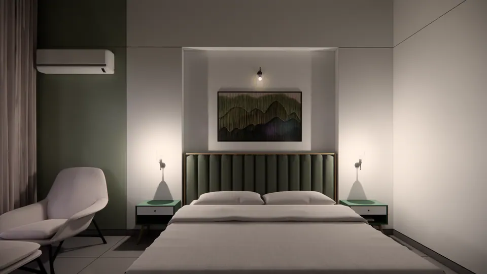 Rendered bedroom with a green panelled headboard, a landscape artwork, bedside lamps and an armchair