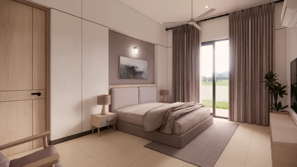 Rendered bedroom with an upholstered bed, timber wardrobe doors and curtained glass doors to the garden